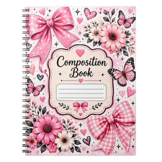 Cute Pink Bow and Butterfly Composition Book (Front)