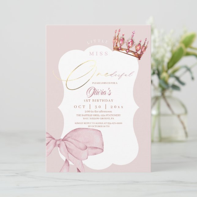 Cute Pink Bow and Crown 1st Birthday  Invitation (Standing Front)