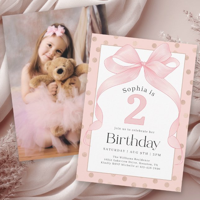 Cute Pink Bow and Dots Photo 2nd Birthday Invitation (Invitation available in both printed and instant download digital formats.)