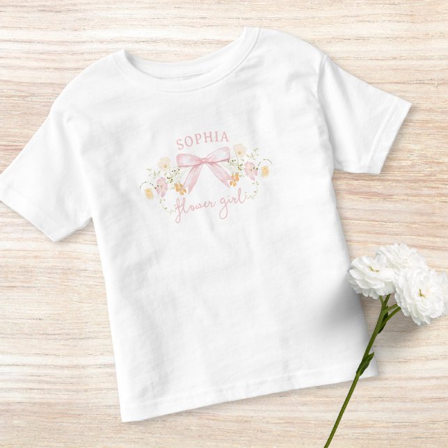 Cute Pink Bow and Wildflowers Modern Flower Girl Toddler T-Shirt (Creator Uploaded)
