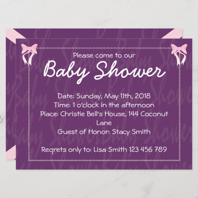 Cute Pink Bow Baby Girl Shower Purple Invitation (Front/Back)