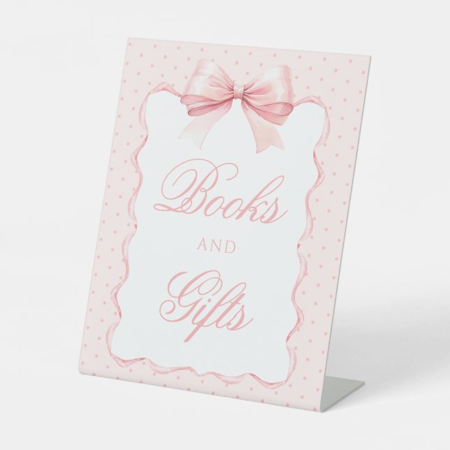 Cute pink bow baby shower Books and Gifts sign (Front)