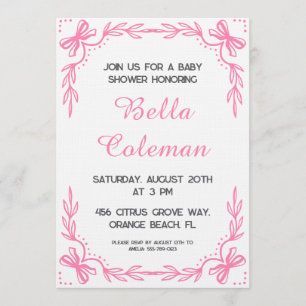 cute pink bow baby shower invitation