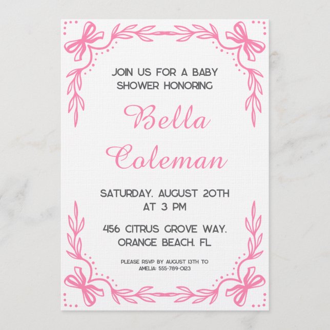 cute pink bow baby shower invitation (Front)