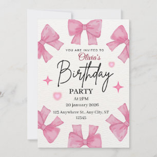 Cute Pink Bow Birthday Invitation Template