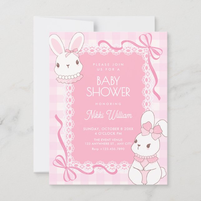 Cute pink bow bunny baby shower invitation (Front)