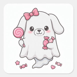 Cute Pink Bow Candy Ghost Halloween Sticker Kawaii