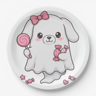 Cute Pink Bow Candy Ghost Halloween Sticker Kawaii Paper Plate
