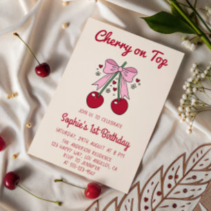 Cute Pink Bow Cherry on Top 1st Birthday Invitation