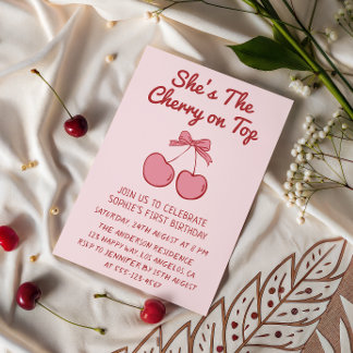 Cute Pink Bow Cherry on Top First Birthday Invitation
