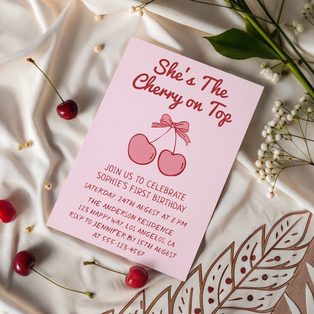 Cute Pink Bow Cherry on Top First Birthday Invitation (Creator Uploaded)