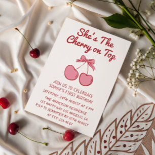 Cute Pink Bow Cherry on Top First Birthday Invitation