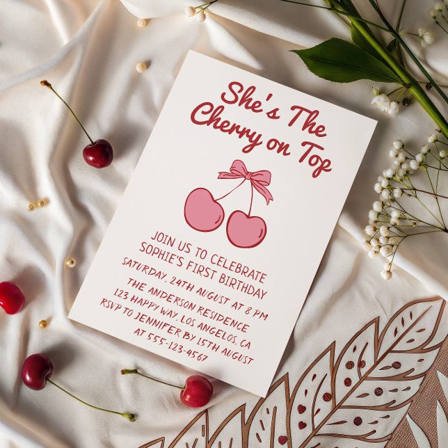 Cute Pink Bow Cherry on Top First Birthday Invitation (Creator Uploaded)