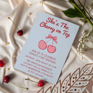 Cute Pink Bow Cherry on Top First Birthday Invitation