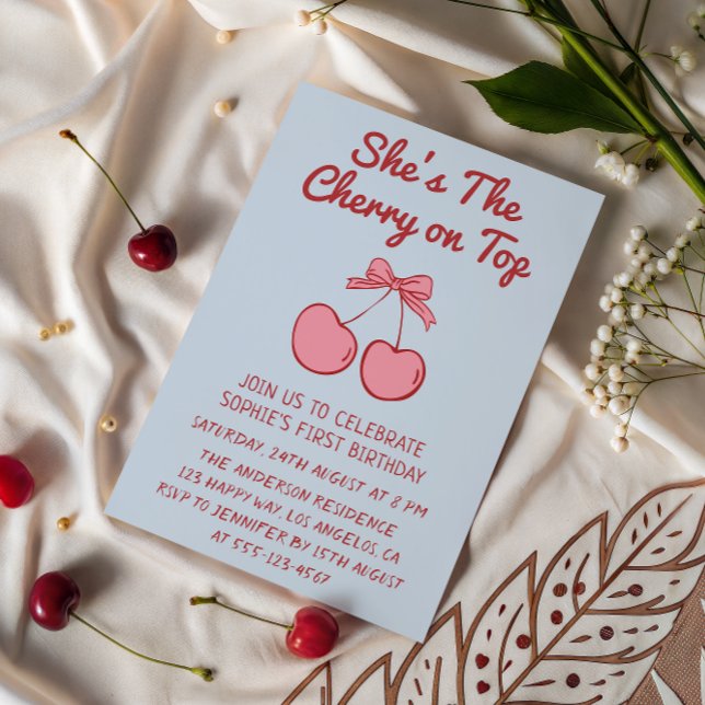 Cute Pink Bow Cherry on Top First Birthday Invitation (Creator Uploaded)