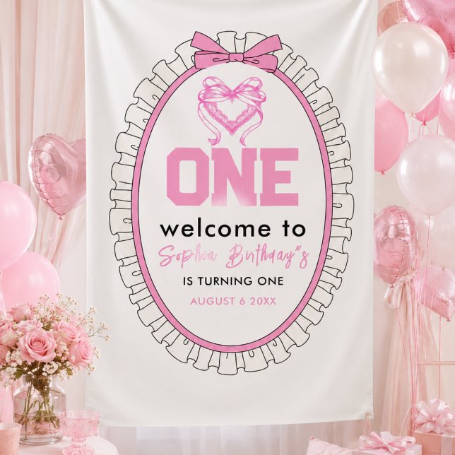 Cute Pink Bow Coquette 1st Birthday Banner (Cute Pink Bow Coquette 1st Birthday Banner)