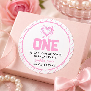 Cute Pink Bow Coquette 1st Birthday Classic Round Sticker
