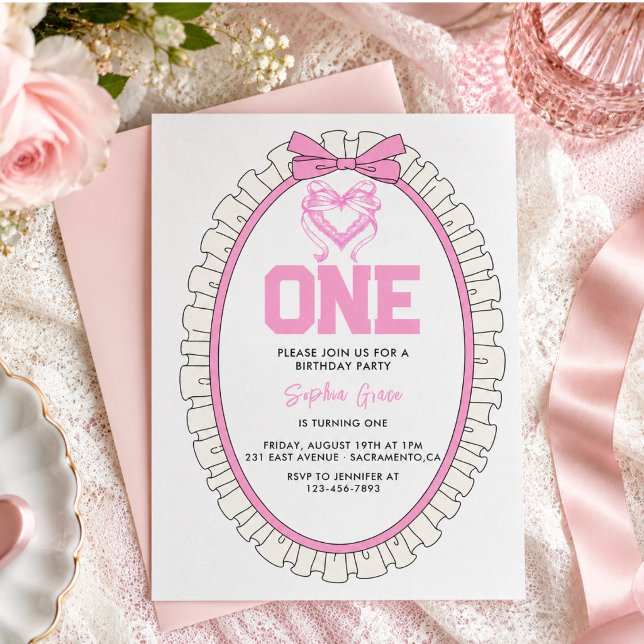 Cute Pink Bow Coquette 1st Birthday Invitation (Cute Pink Bow Coquette 1st Birthday Invitation)