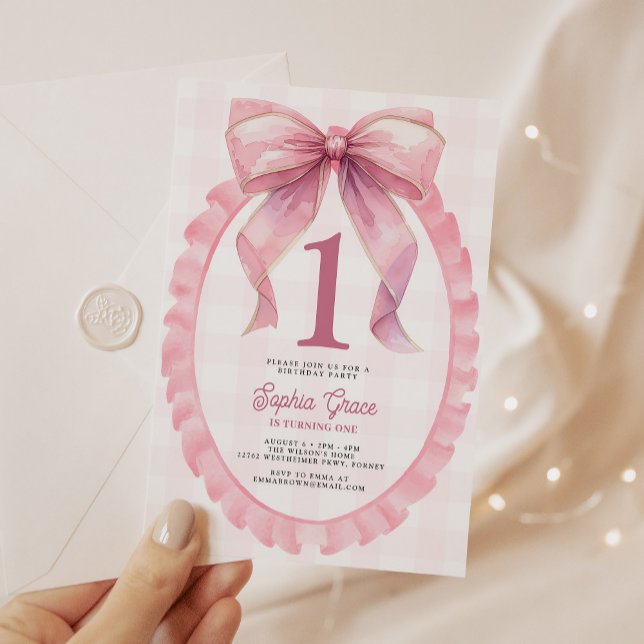 Cute Pink Bow Coquette 1st Birthday Invitation (Creator Uploaded)