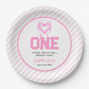 Cute Pink Bow Coquette 1st Birthday Paper Plate