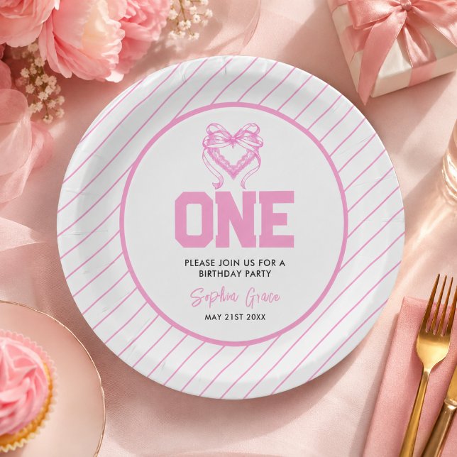 Cute Pink Bow Coquette 1st Birthday Paper Plate (Cute Pink Bow Coquette 1st Birthday Paper Plates)