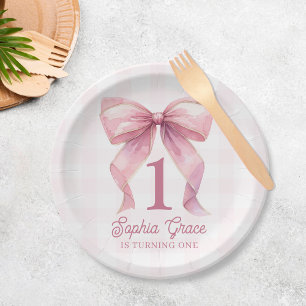 Cute Pink Bow Coquette 1st Birthday Paper Plate