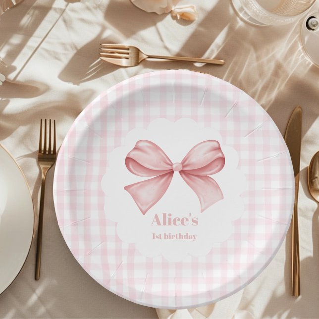 Cute Pink Bow Coquette 1st Birthday Paper Plate (Creator Uploaded)