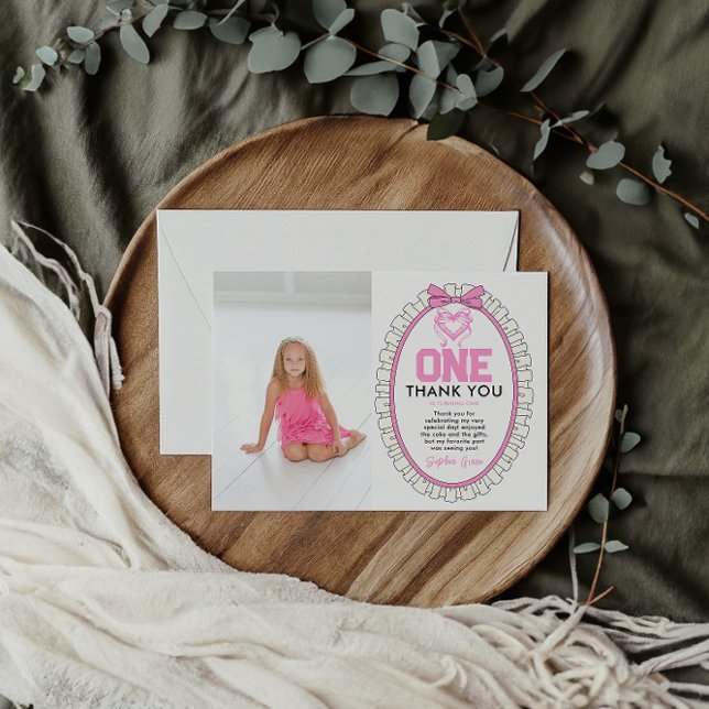 Cute Pink Bow Coquette 1st Birthday photo Thank You Card (Creator Uploaded)
