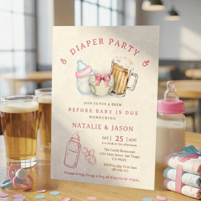 Cute Pink Bow Diaper Beer Baby Shower Invitation (Cute Pink Bow Diaper Beer Baby Shower Invitation)