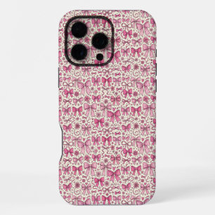 Cute Pink Bow Doodle Pattern Coquette Style iPhone 16 Pro Max Case