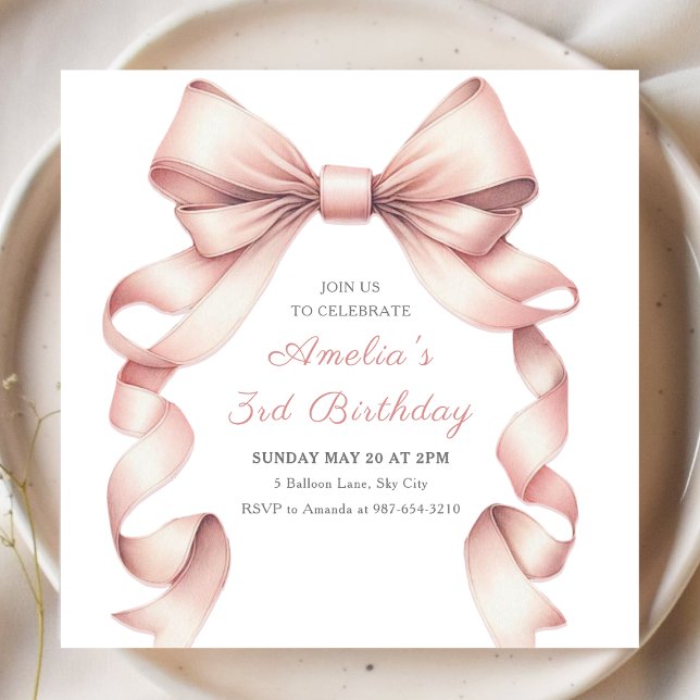 Cute Pink Bow Elegant Coquette Girly Birthday  Invitation (Celebrate your little one's big day with this adorable, chic, coquette pink bow birthday invitation.)