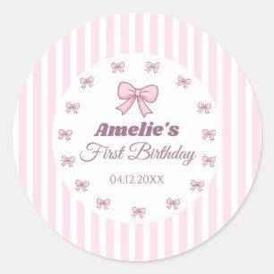Cute Pink Bow First Birthday  Classic Round Sticker