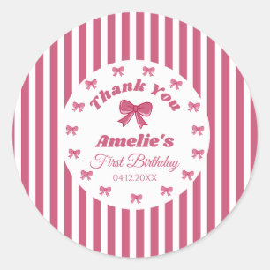 Cute Pink Bow First Birthday  Classic Round Sticker