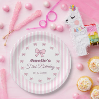 Cute Pink Bow First Birthday  Paper Plate