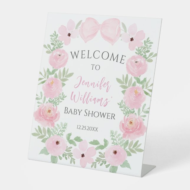 Cute pink bow floral baby girl shower welcome sign (Front)