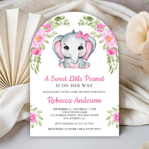 Cute Pink Bow Floral Elephant Baby Shower Invitation