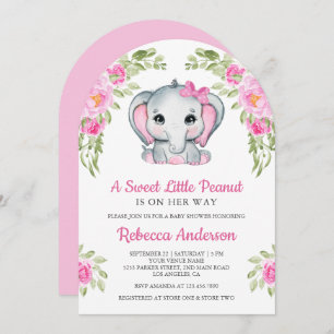 Cute Pink Bow Floral Elephant Baby Shower Invitation