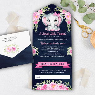 Cute Pink Bow Floral Elephant Navy Baby Shower All In One Invitation