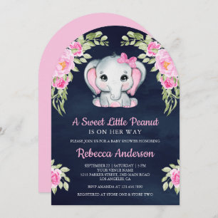 Cute Pink Bow Floral Elephant Navy Baby Shower Invitation