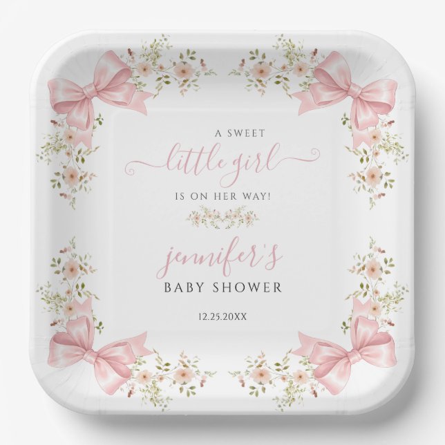 Cute Pink Bow Floral Sweet Baby Shower Paper Plate (Front)