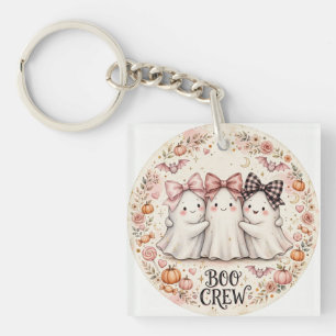 Cute Pink Bow Ghost BOO CREW Halloween Party Key Ring