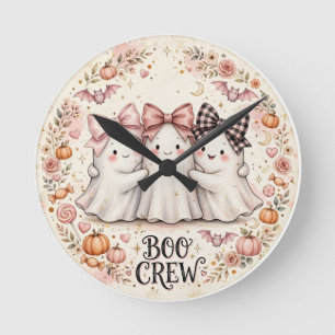Cute Pink Bow Ghost BOO CREW Halloween Party Round Clock
