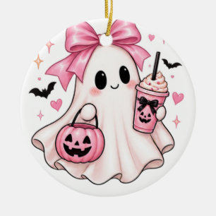 Cute Pink Bow Ghost Halloween Ceramic Tree Decoration