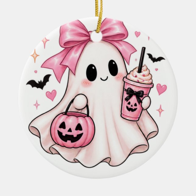 Cute Pink Bow Ghost Halloween Ceramic Tree Decoration (Front)