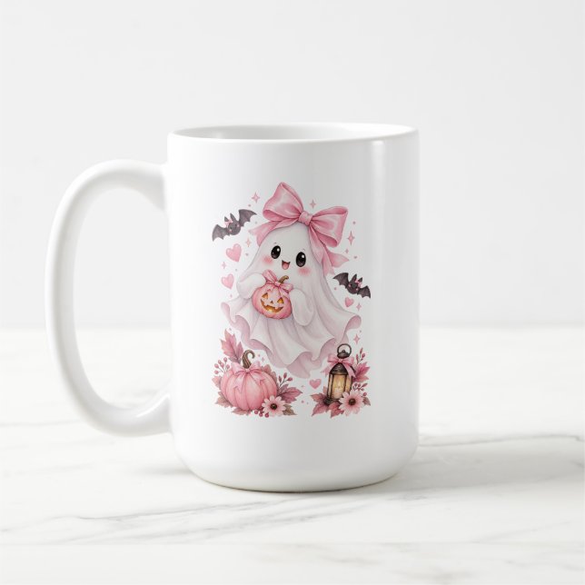 Cute Pink Bow Ghost Halloween  Coffee Mug (Left)