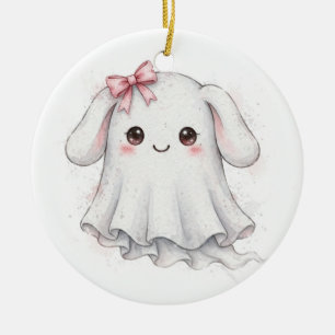 Cute Pink Bow Ghost Halloween Kawaii Coquette  Ceramic Tree Decoration