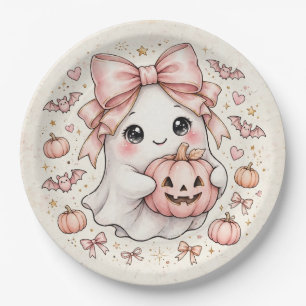 Cute Pink Bow Ghost Halloween Pumpkin Party ] Paper Plate