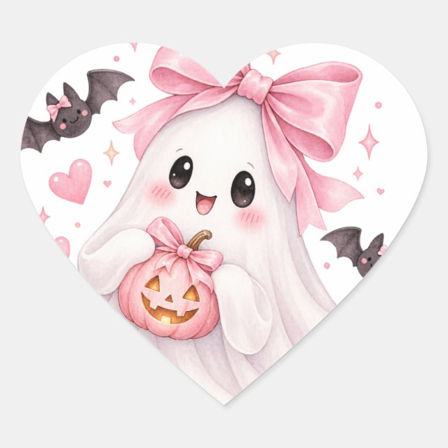 Cute Pink Bow Ghost Halloween Sticker (Front)