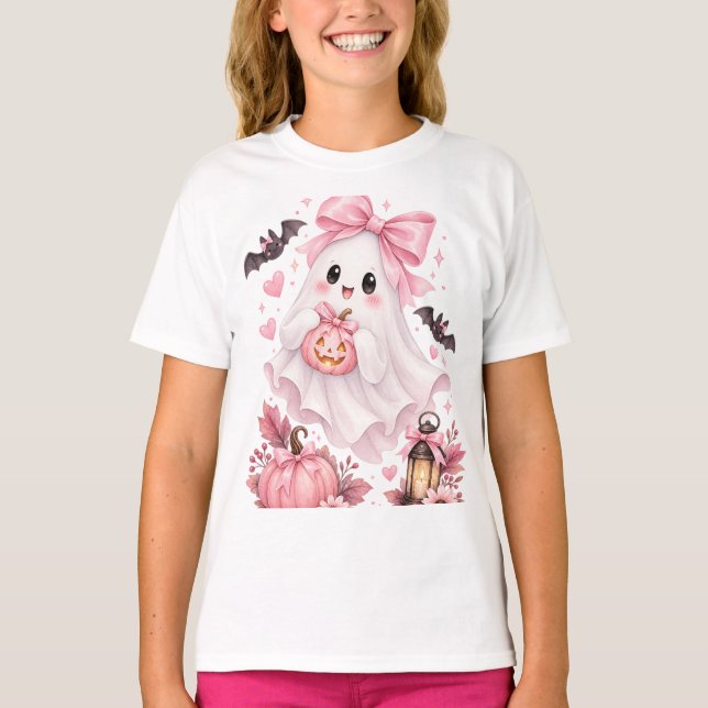 Cute Pink Bow Ghost Halloween Sticker T-Shirt (Front)