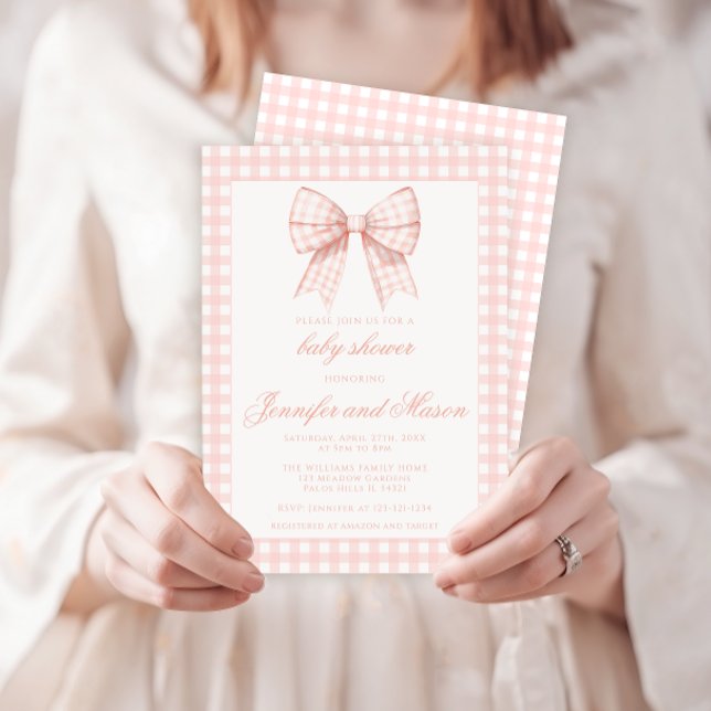 Cute pink bow gingham baby girl shower invitation (Creator Uploaded)